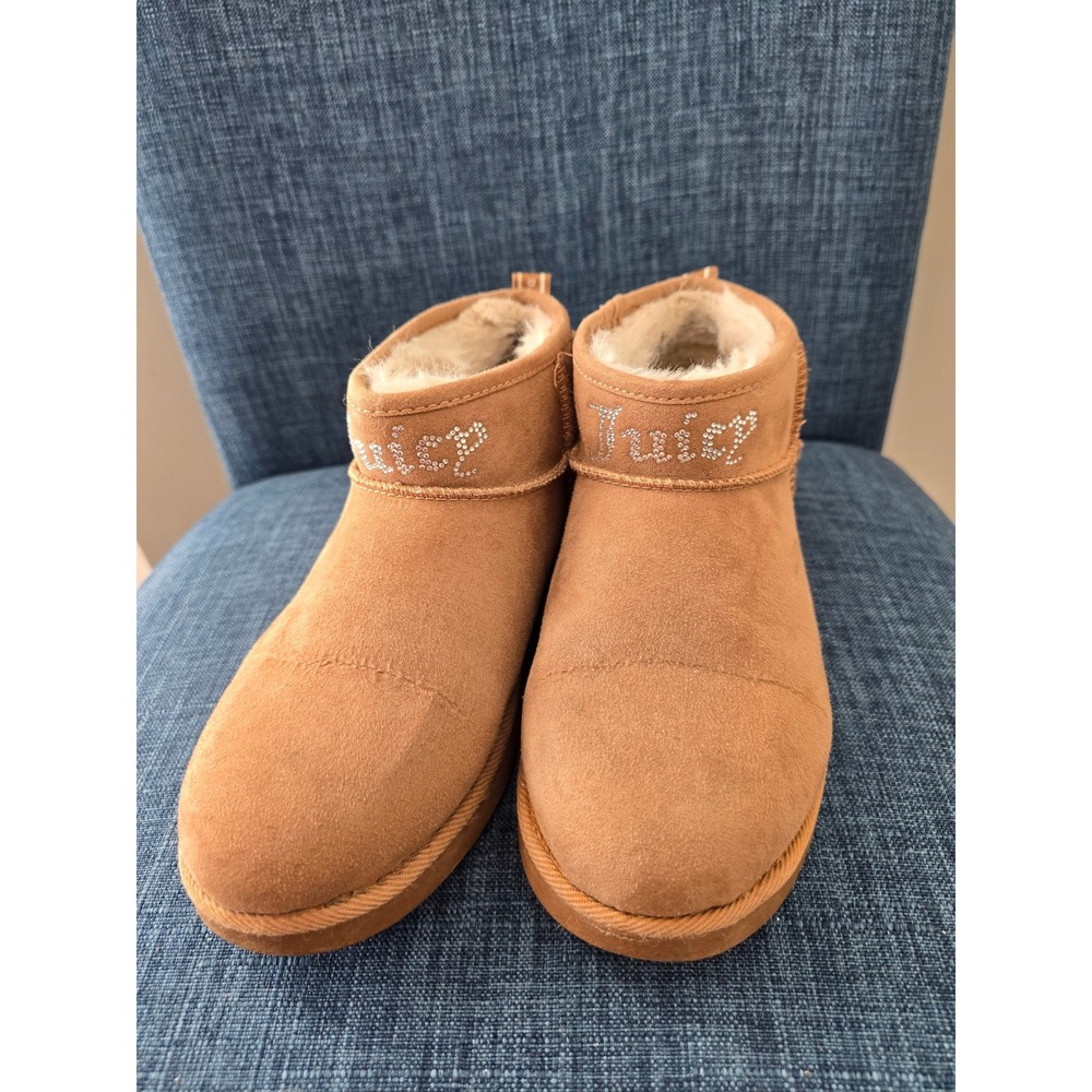 Juicy Couture Womens Chestnut Tan Faux‎ Fur Rhinestone Logo Ankle Boots Size 7.5